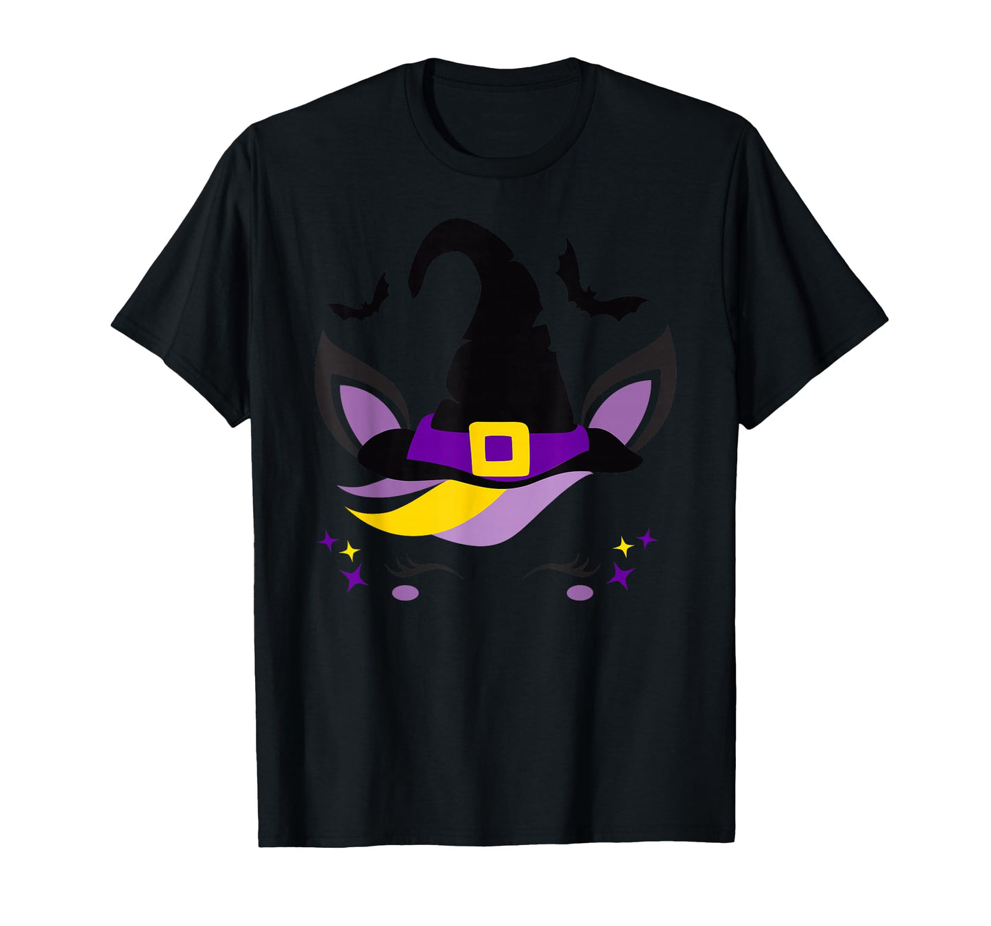 Unicorn Face Eyelashes Bat Scary Witch Hat Halloween Costume T-Shirt
