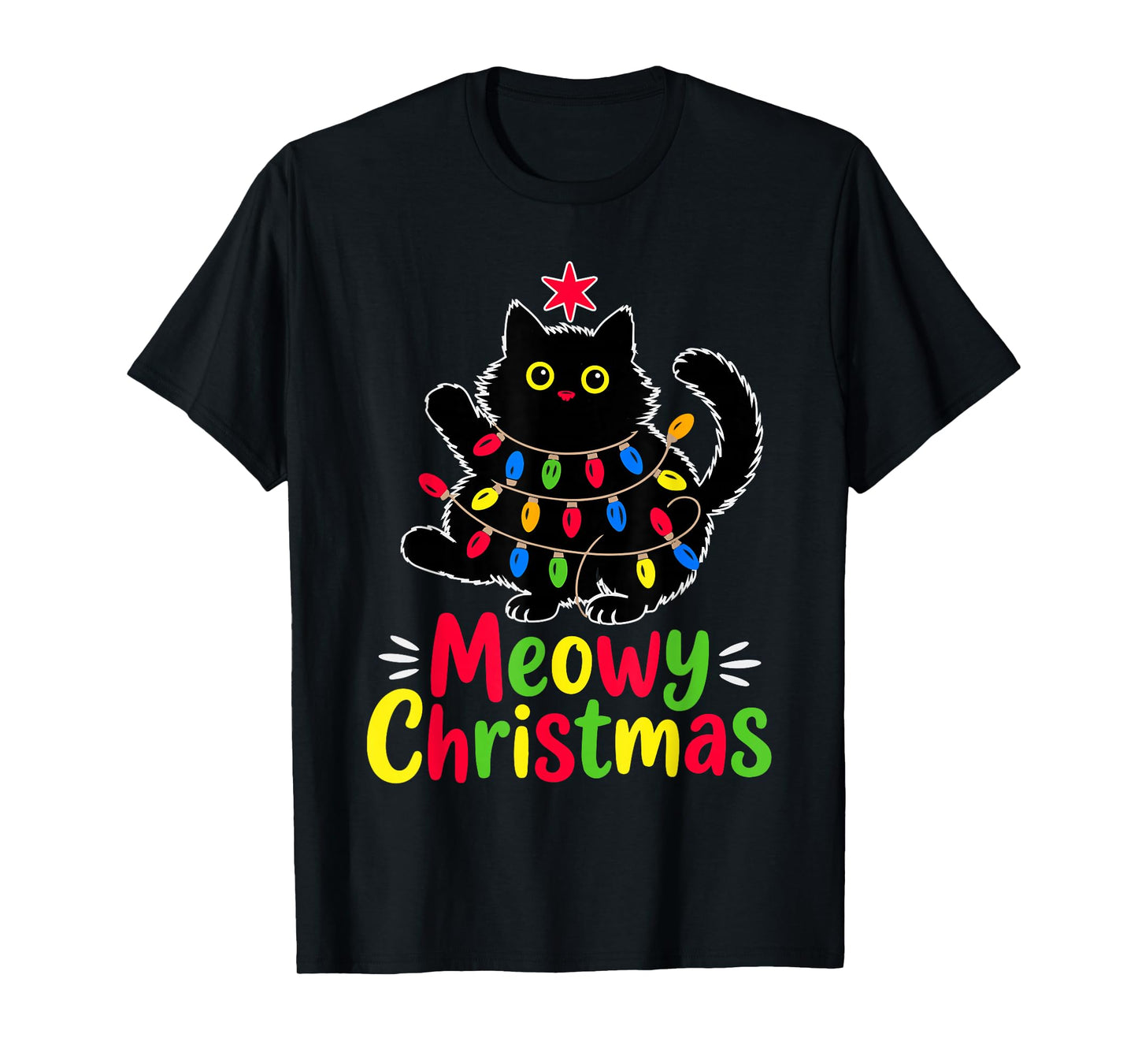 Meowy Christmas Xmas Lights Black Cat Funny Men Women Kids T-Shirt