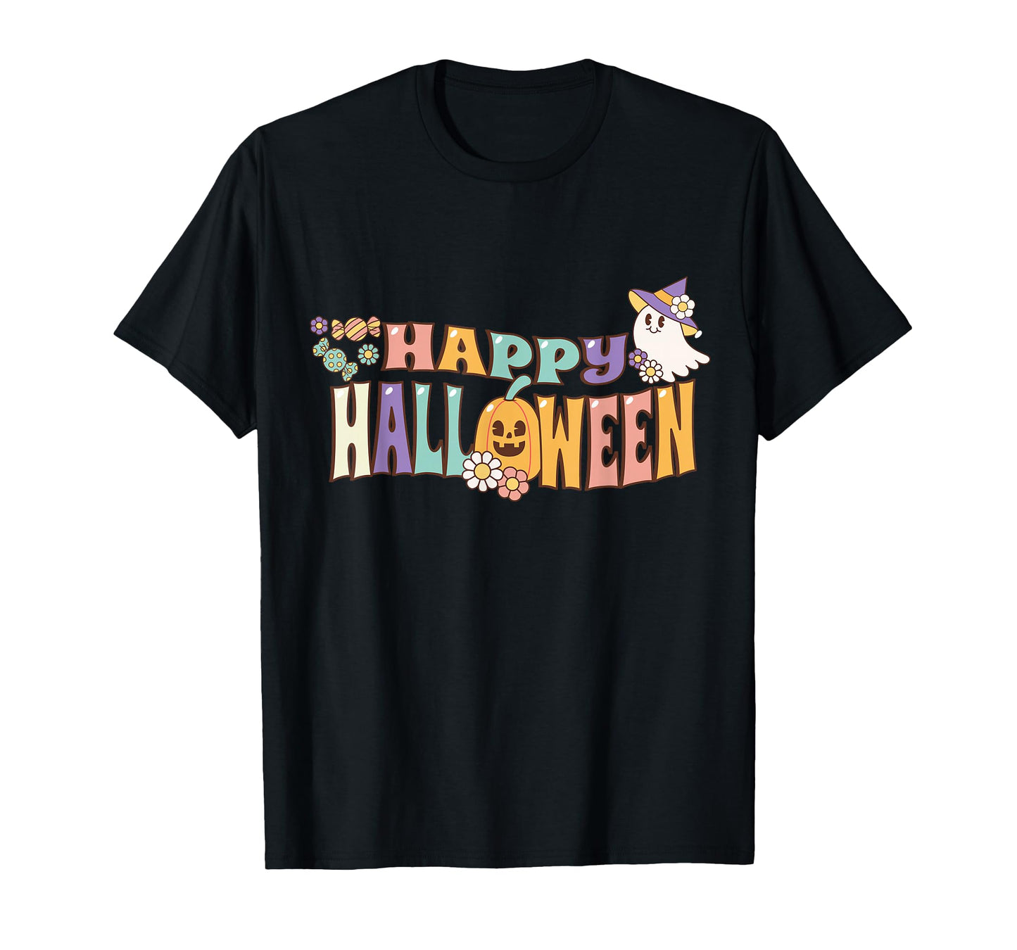 Retro Happy Halloween Shirt Groovy Ghost Pumpkin Candy T-Shirt