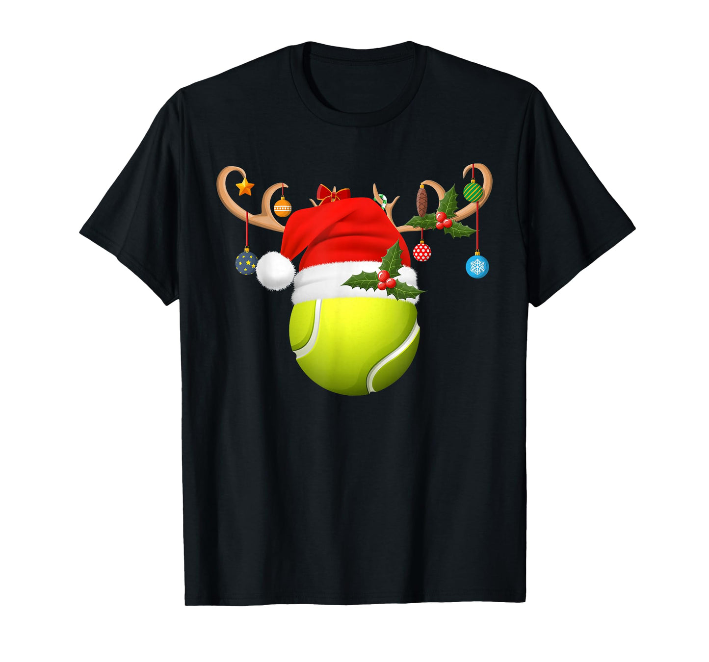 Tennis Ball Christmas Reindeer Santa Hat Sports Player Xmas T-Shirt