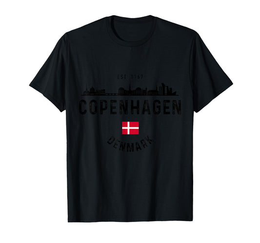 Copenhagen Denmark Skyline Souvenir Danish Flag Vintage T-Shirt