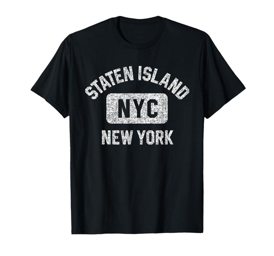 Staten Island NYC Gym Style Distressed White Print T-Shirt