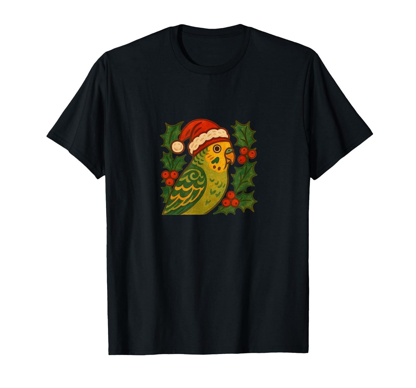 Parakeet in Santa Hat with Christmas Holly T-Shirt