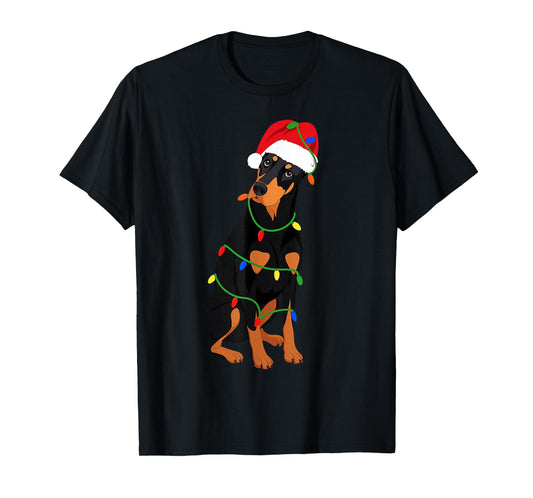 Doberman Pinscher Christmas Tree Lights Holiday Dog Lover T-Shirt