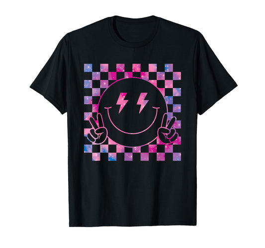Checkered Lightning Bolt Eyes Happy Smiling Smile Face Peace T-Shirt