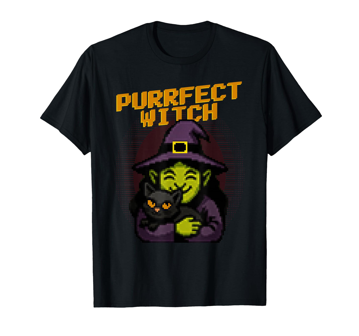 Purrfect Witch Funny Pixel Art Witch Hugging Cat Halloween T-Shirt