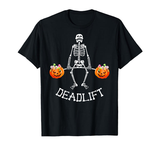 Skeleton Dead Lift Candy Buckets Halloween Workout On Back T-Shirt