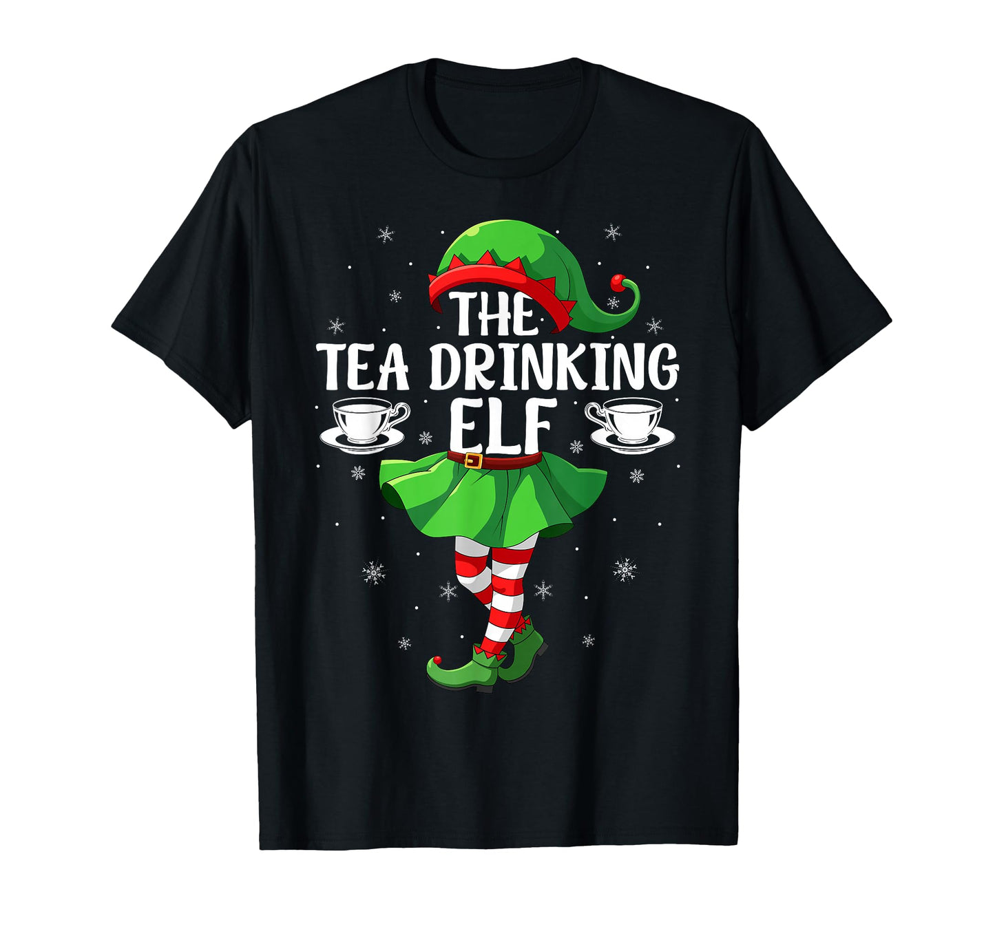 Tea Drinking Elf Christmas Girls Women Elf Squad Xmas Family T-Shirt