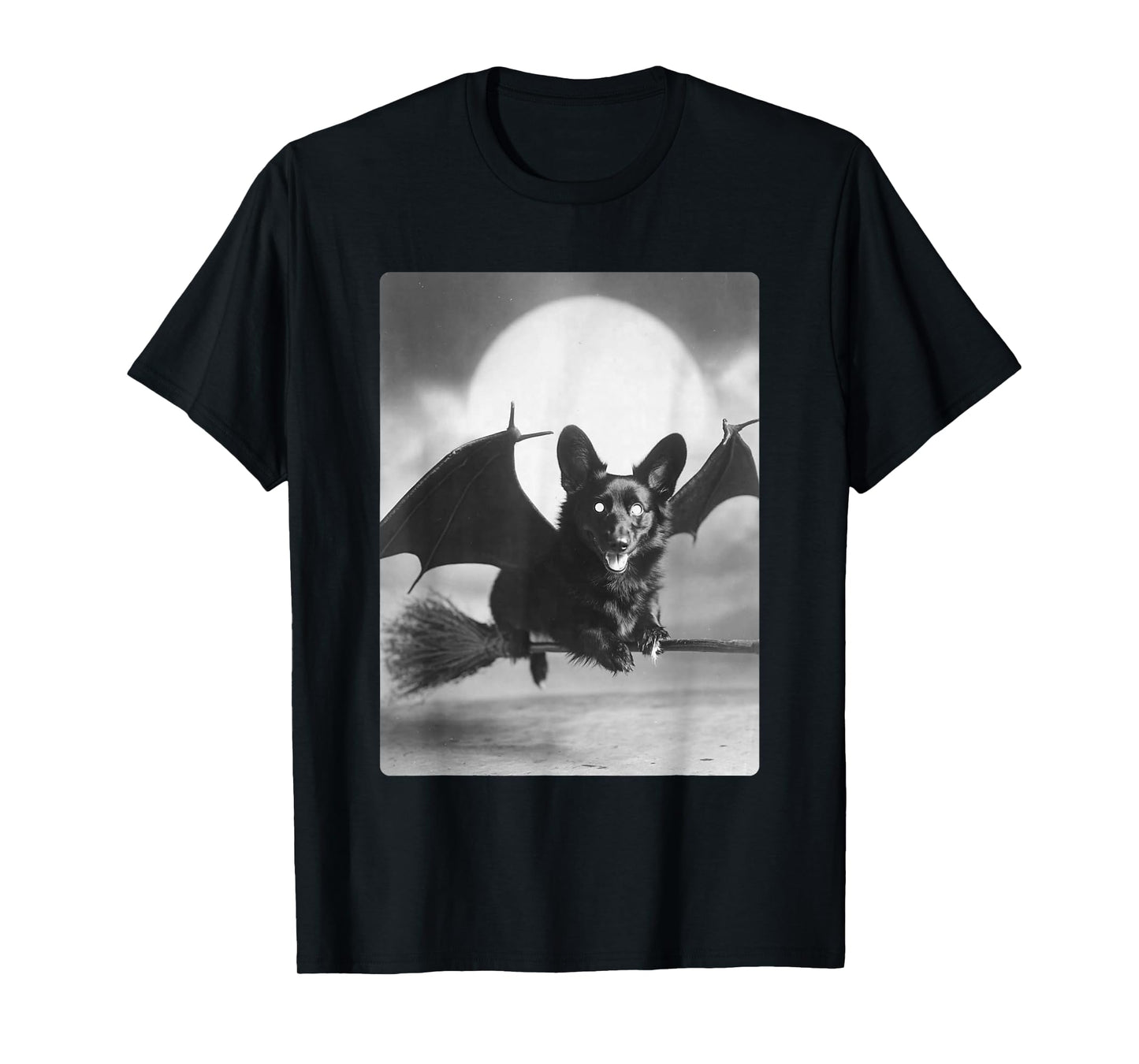 Gothic Corgi Witch Broom Bat Wings Spooky Halloween Dog T-Shirt