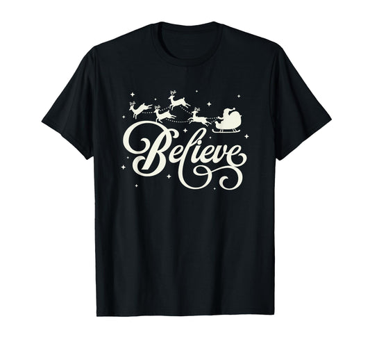 Trendy Apparel Christmas Santa and Reindeers Believe T-Shirt