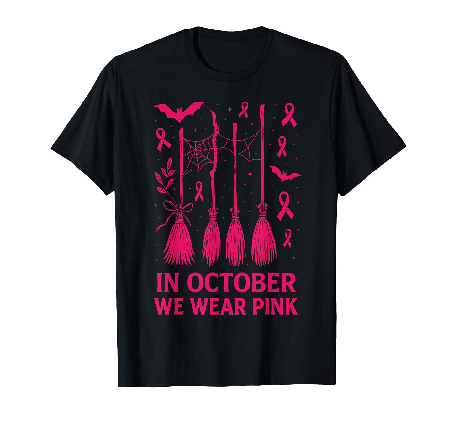 in October We Wear Pink Witch Broom Awareness T-Shirt