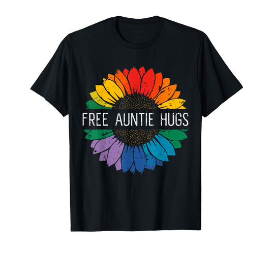 Free Auntie Hugs, LGBT Gay Lesbian Pride Month Rainbow Flag T-Shirt