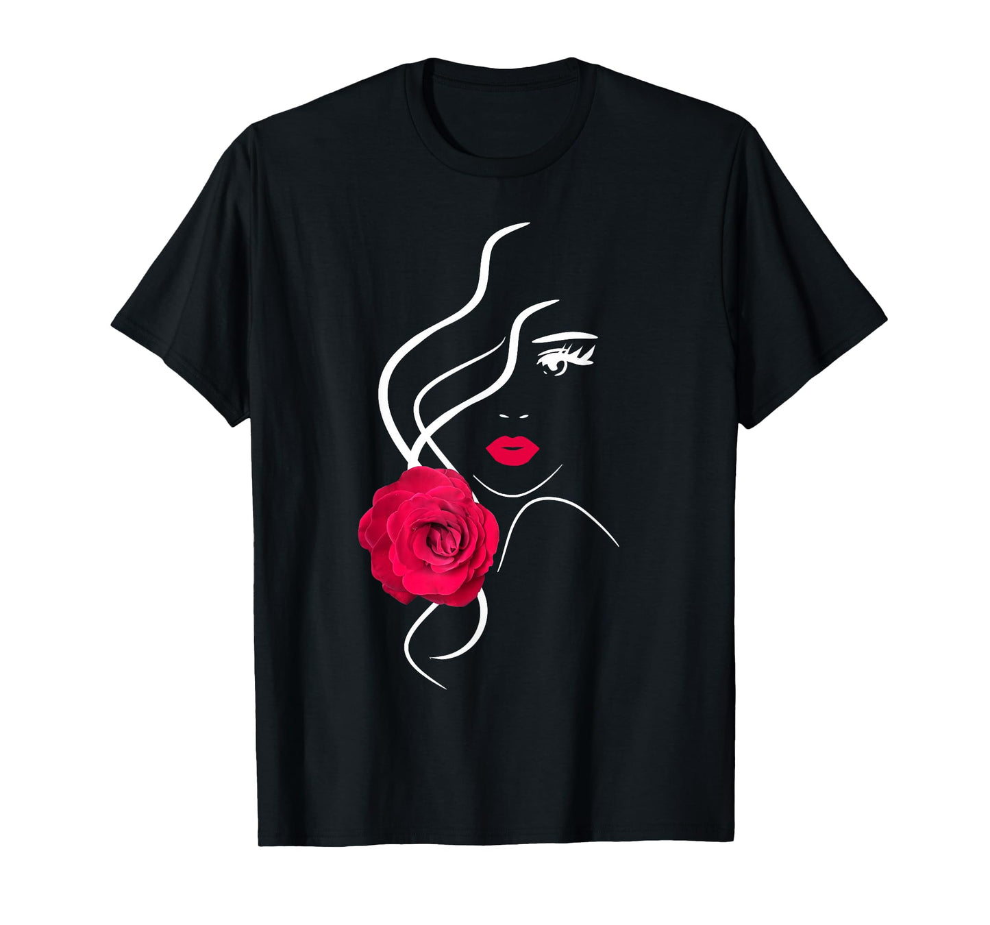 Pretty Girl Face with Hot Red Rose Black White Shapes Mania T-Shirt