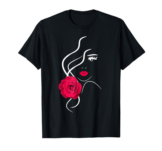 Pretty Girl Face with Hot Red Rose Black White Shapes Mania T-Shirt