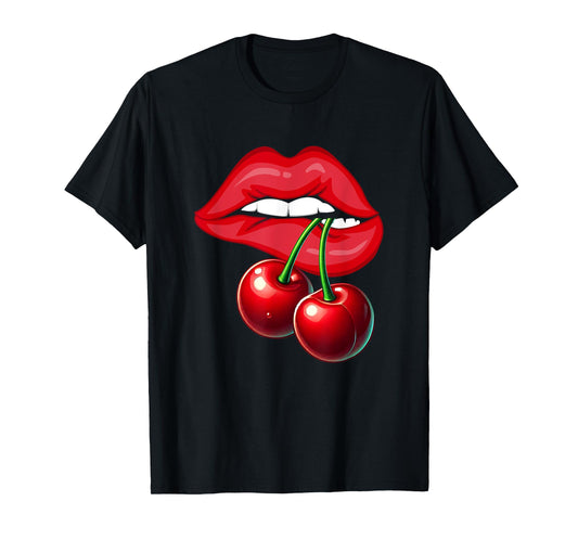 Cherry Lips Graphic Tee Sexy Women Design Red Lips Vintage T-Shirt