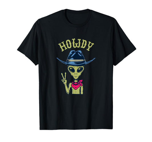 Funny Alien Cowboy Hat Howdy Peace Sign T-Shirt