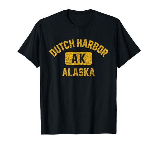 Dutch Harbor Alaska Gym Style Distressed Amber Print T-Shirt
