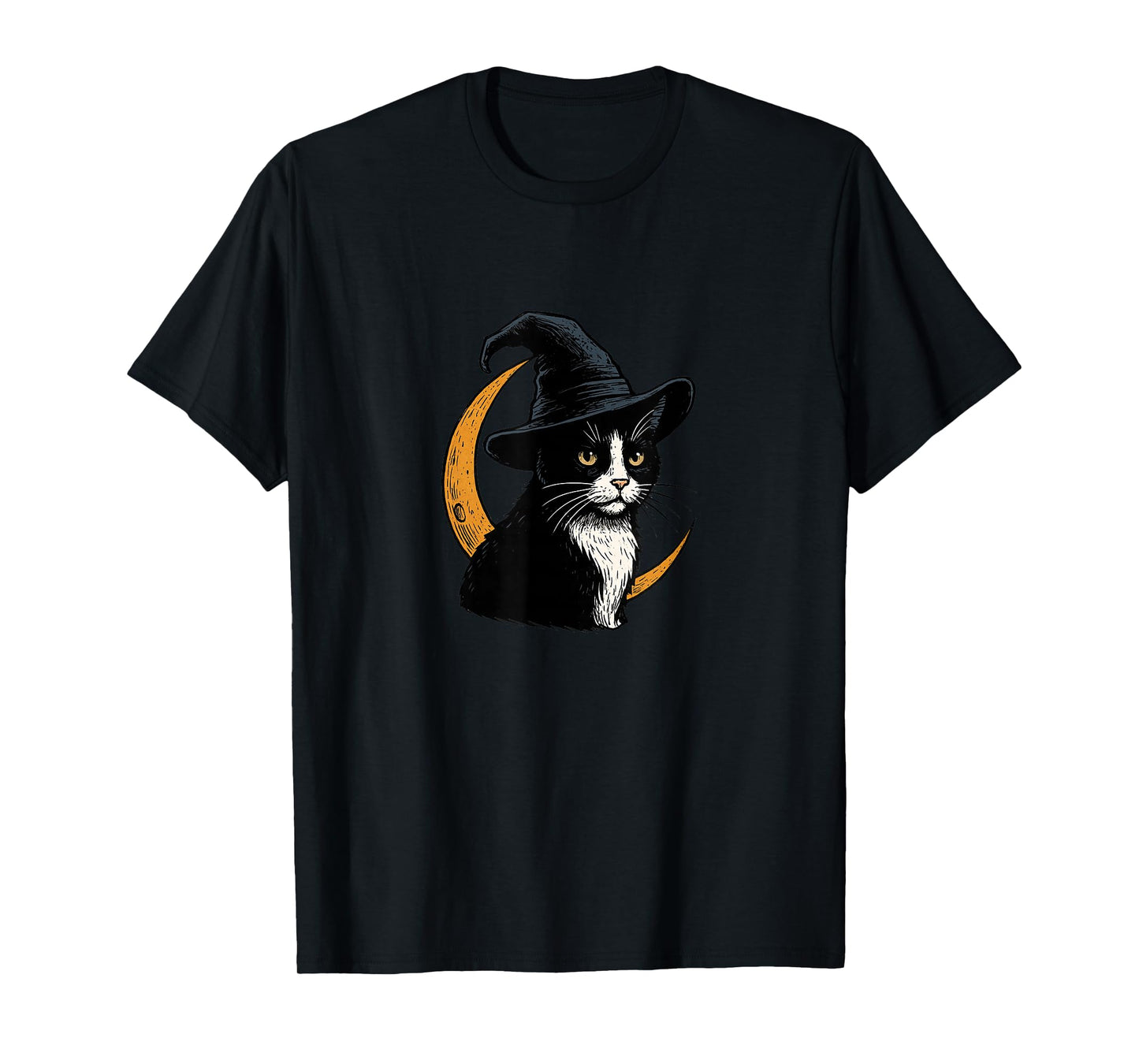Black White Tuxedo Cat Witch Halloween Crescent Moon Design T-Shirt