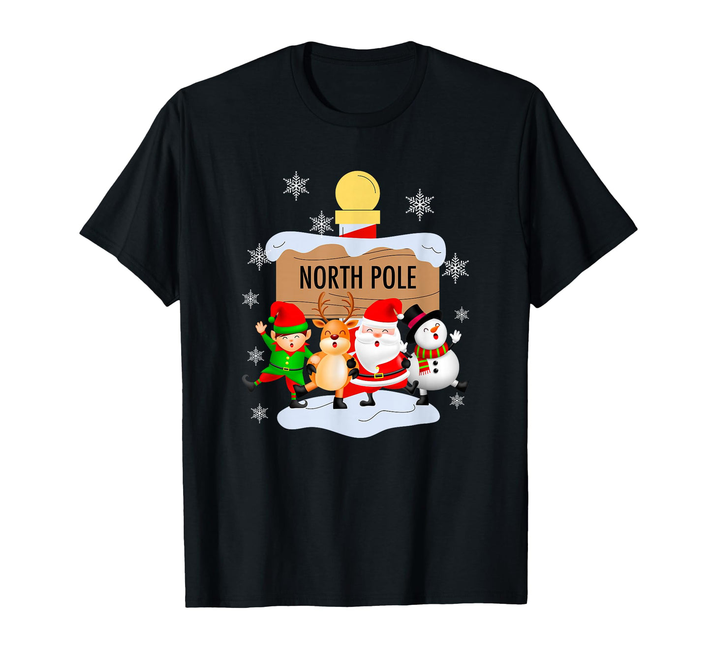 North Pole Santa Elf Reindeer Snowman Cartoon Christmas T-Shirt