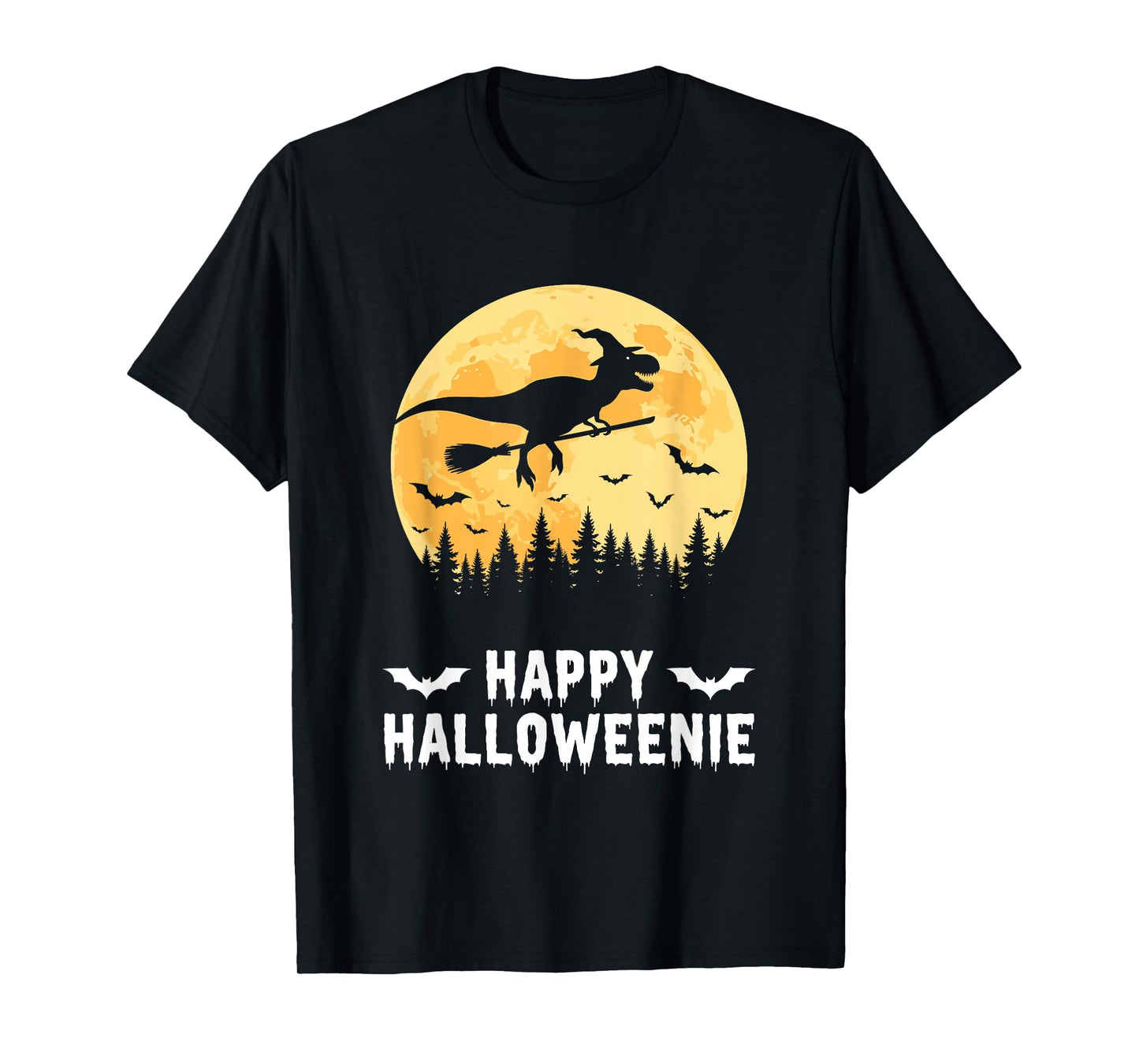 Happy Halloweenie Funny Dinosaur T Rex Flying Witch T-Shirt