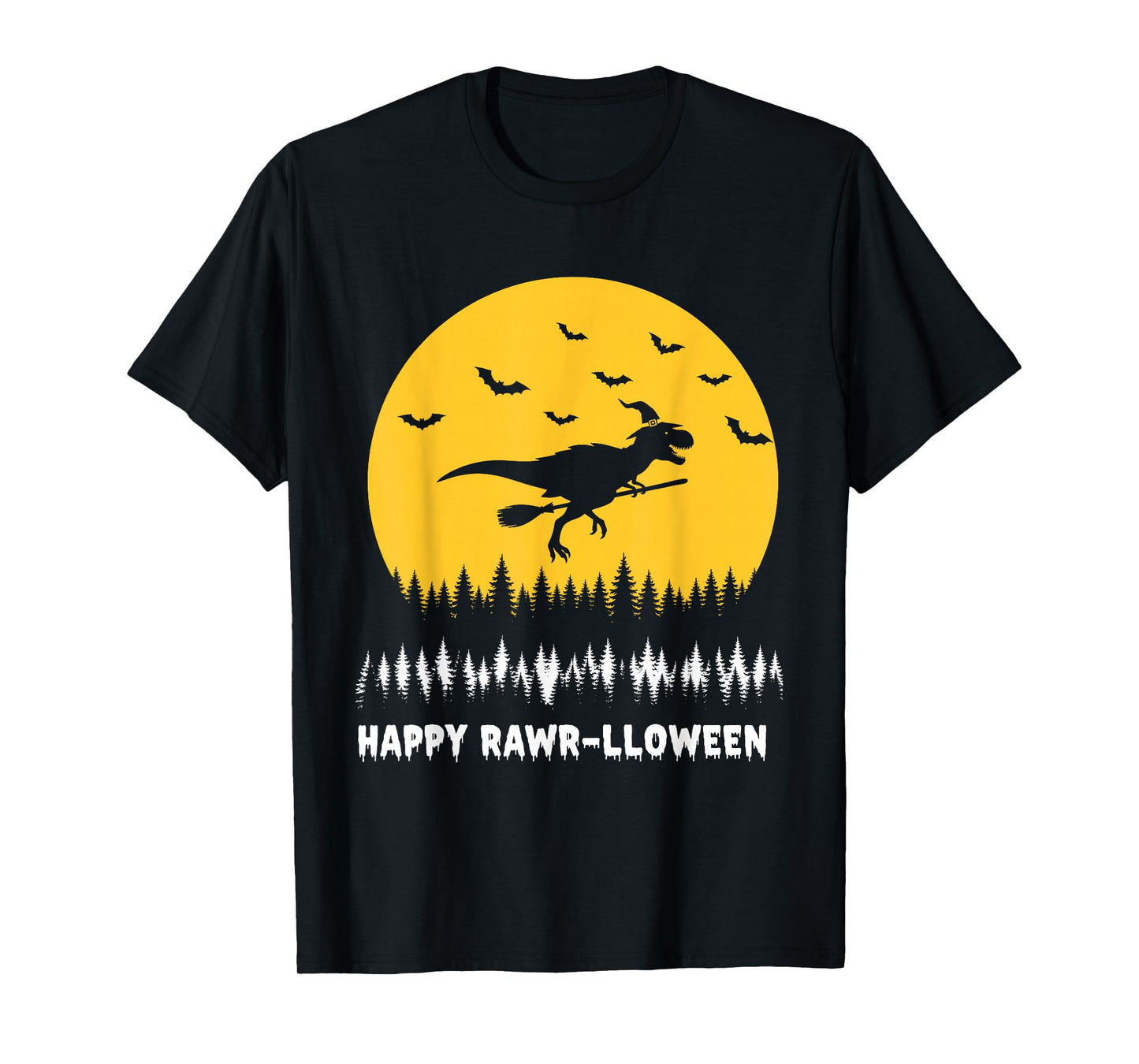 Happy Rawr-lloween Funny Halloween T Rex Flying Witch T-Shirt