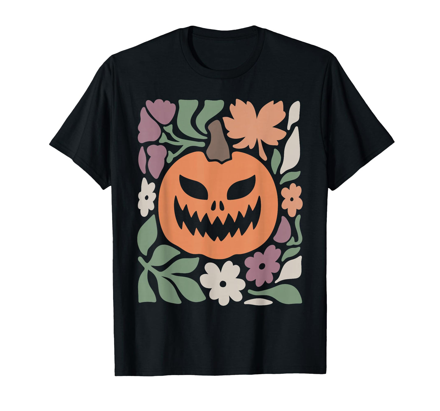 Scary Pumpkin Face Floral Halloween Spooky Jack O Lantern T-Shirt