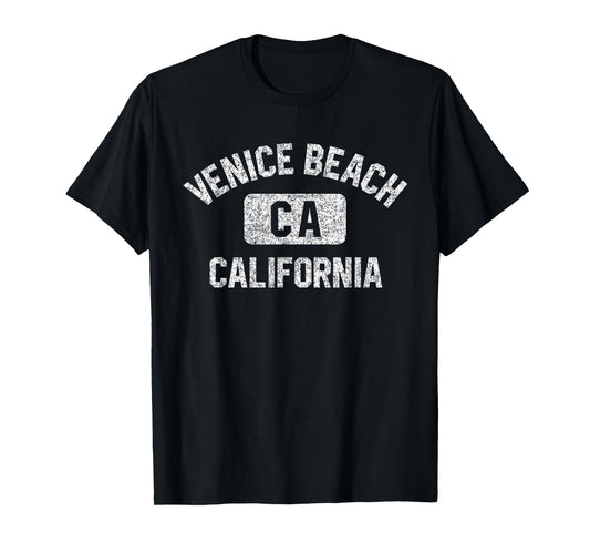 Venice Beach California Gym Style Distressed White Print T-Shirt