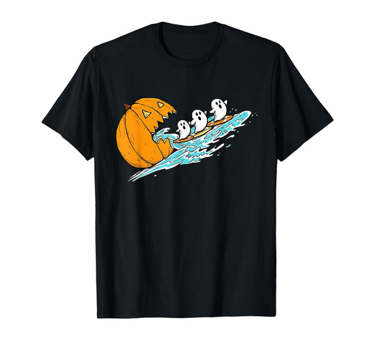 Funny Halloween Gamer Pumpkin Eating Surfing Ghosts T-Shirt