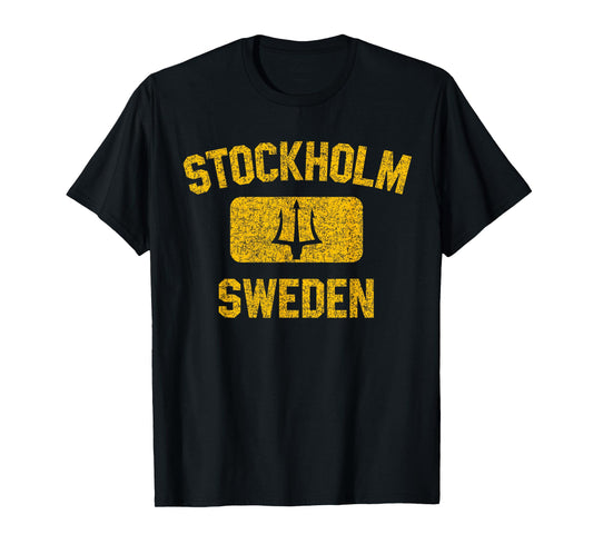 Stockholm Sweden Trident Gym Style Distressed Yellow Print T-Shirt