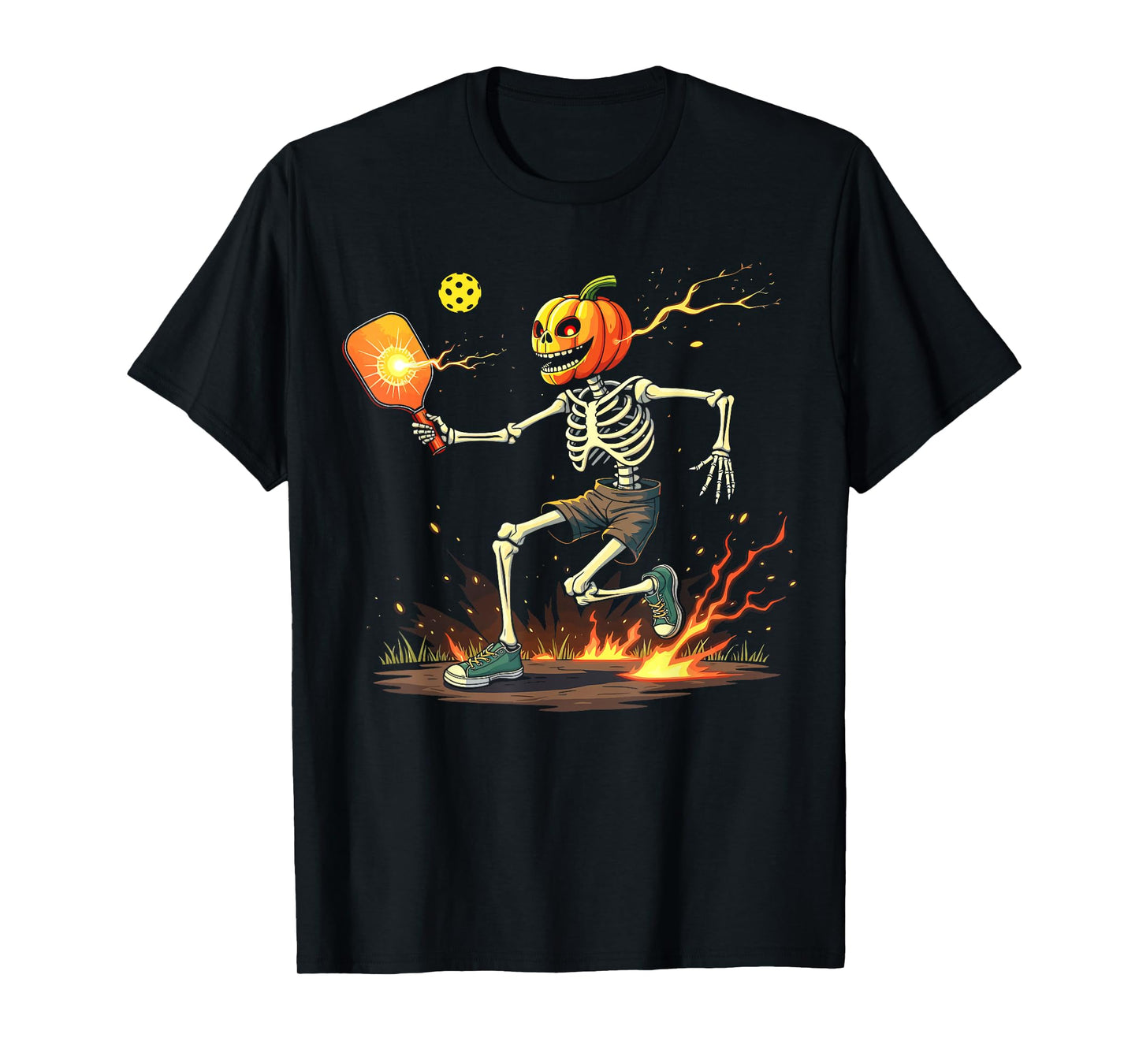 Pumpkin Head Skeleton Pickleball Halloween Spooky Sports T-Shirt