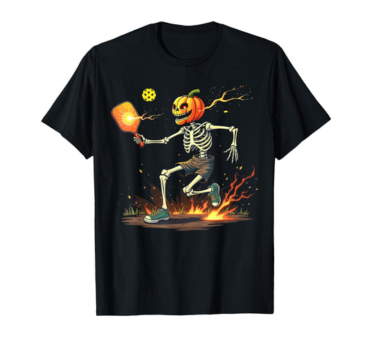 Pumpkin Head Skeleton Pickleball Halloween Spooky Sports T-Shirt