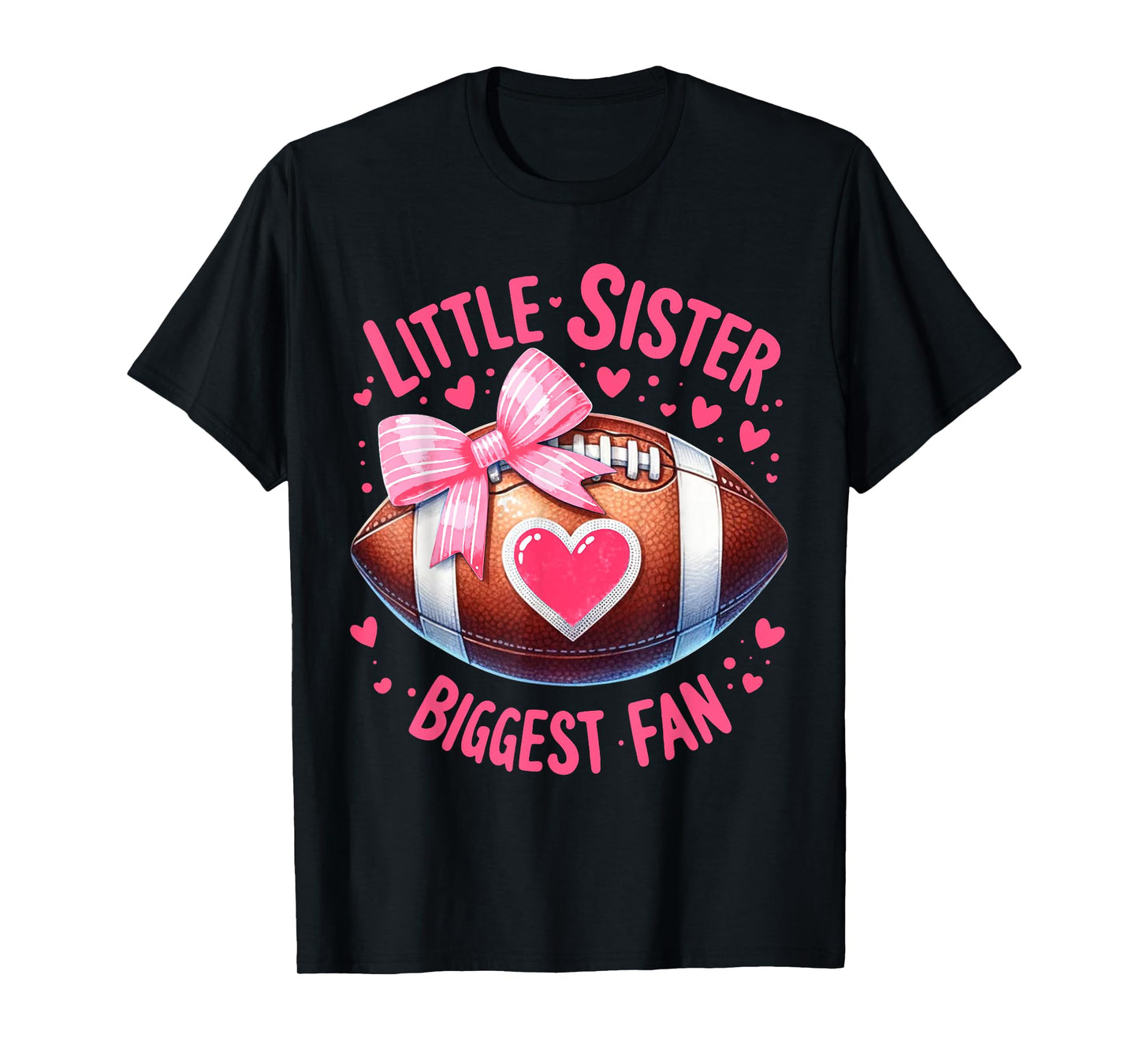 Little Sister Biggest Fan Cute Coquette Pink Bow Football T-Shirt