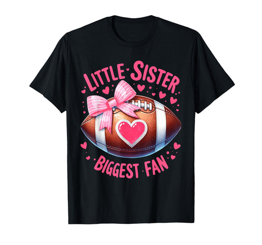 Little Sister Biggest Fan Cute Coquette Pink Bow Football T-Shirt
