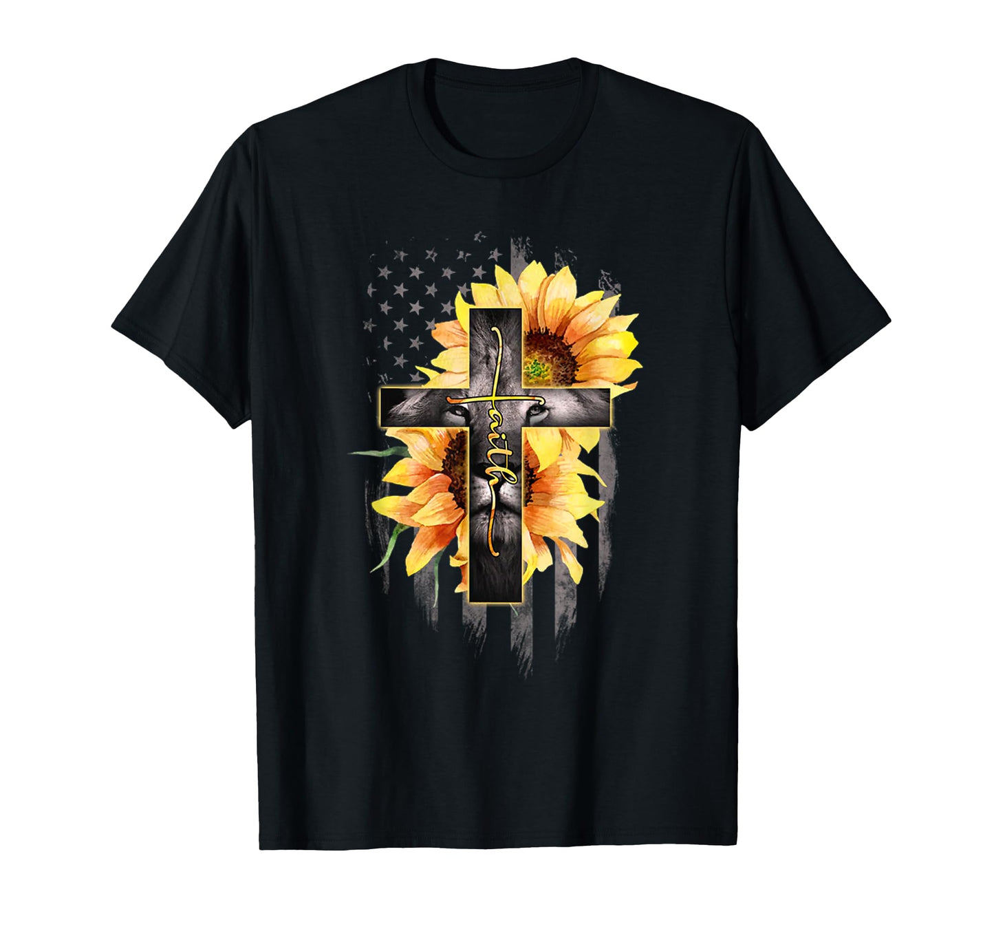 Faith Cross Christian Lion Sunflower American Flag T-Shirt