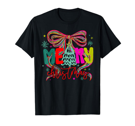 Coquette Bow Merry Christmas Xmas Tree Holiday Santa Squad T-Shirt