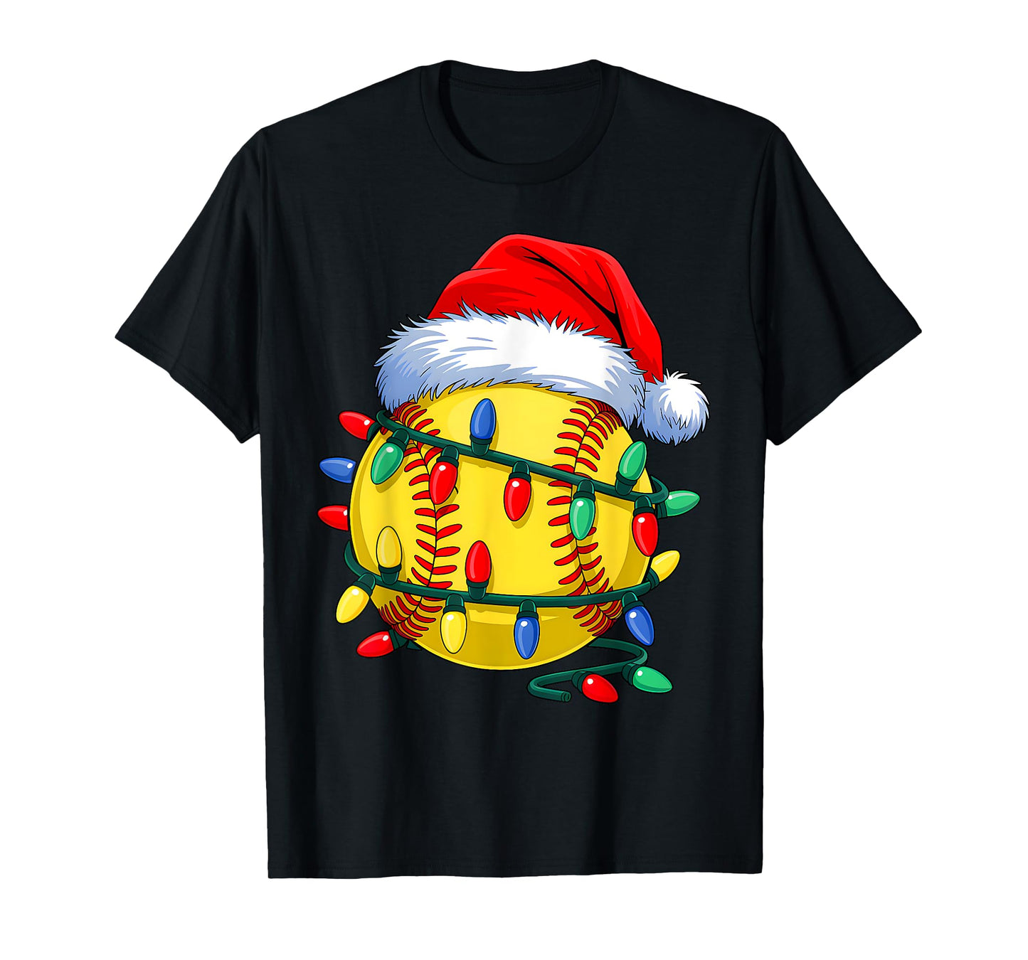 Softball Ball Santa Hat Christmas Softball Xmas Lights T-Shirt