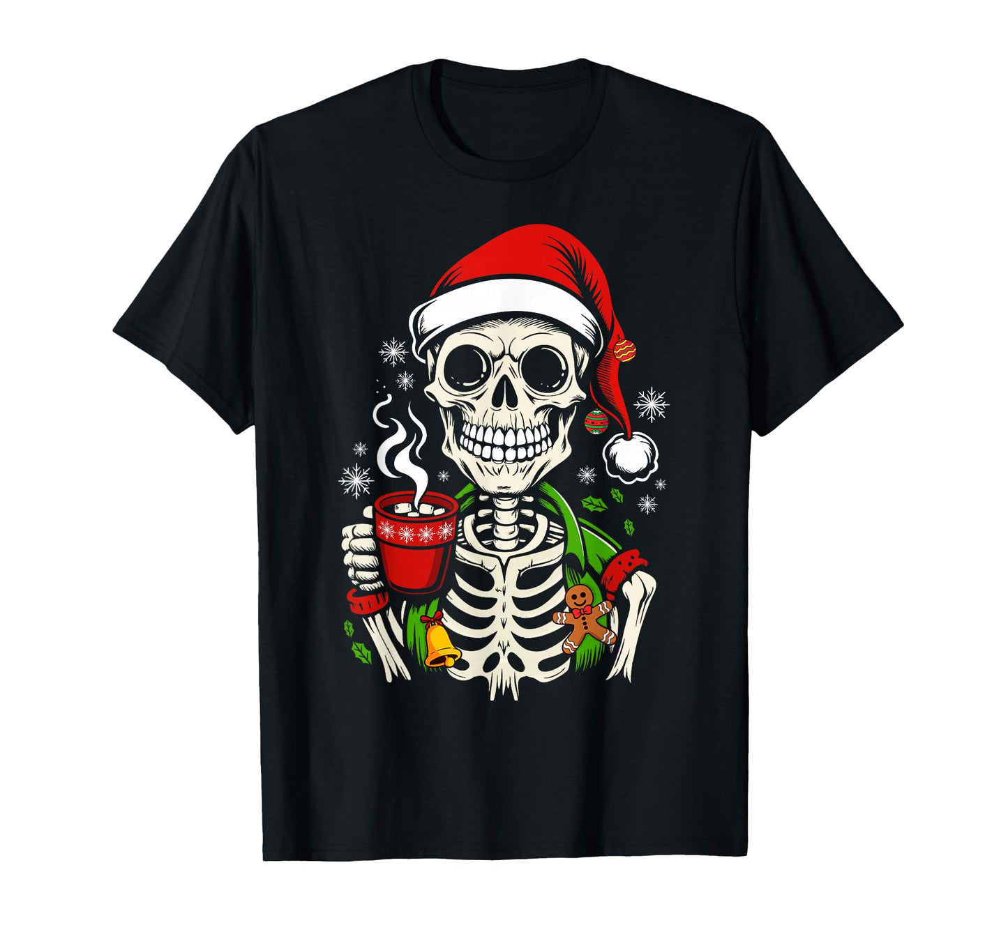 Funny Christmas Skeleton Drinking Coffee Smiling Skull Xmas T-Shirt