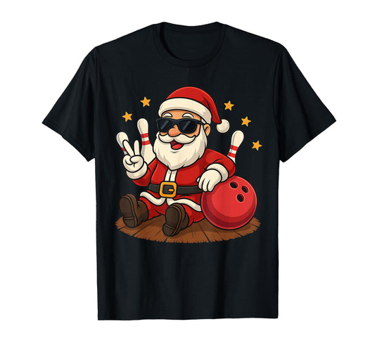 Cute Santa Claus with Sunglasses Playing Bowling Christmas T-Shirt