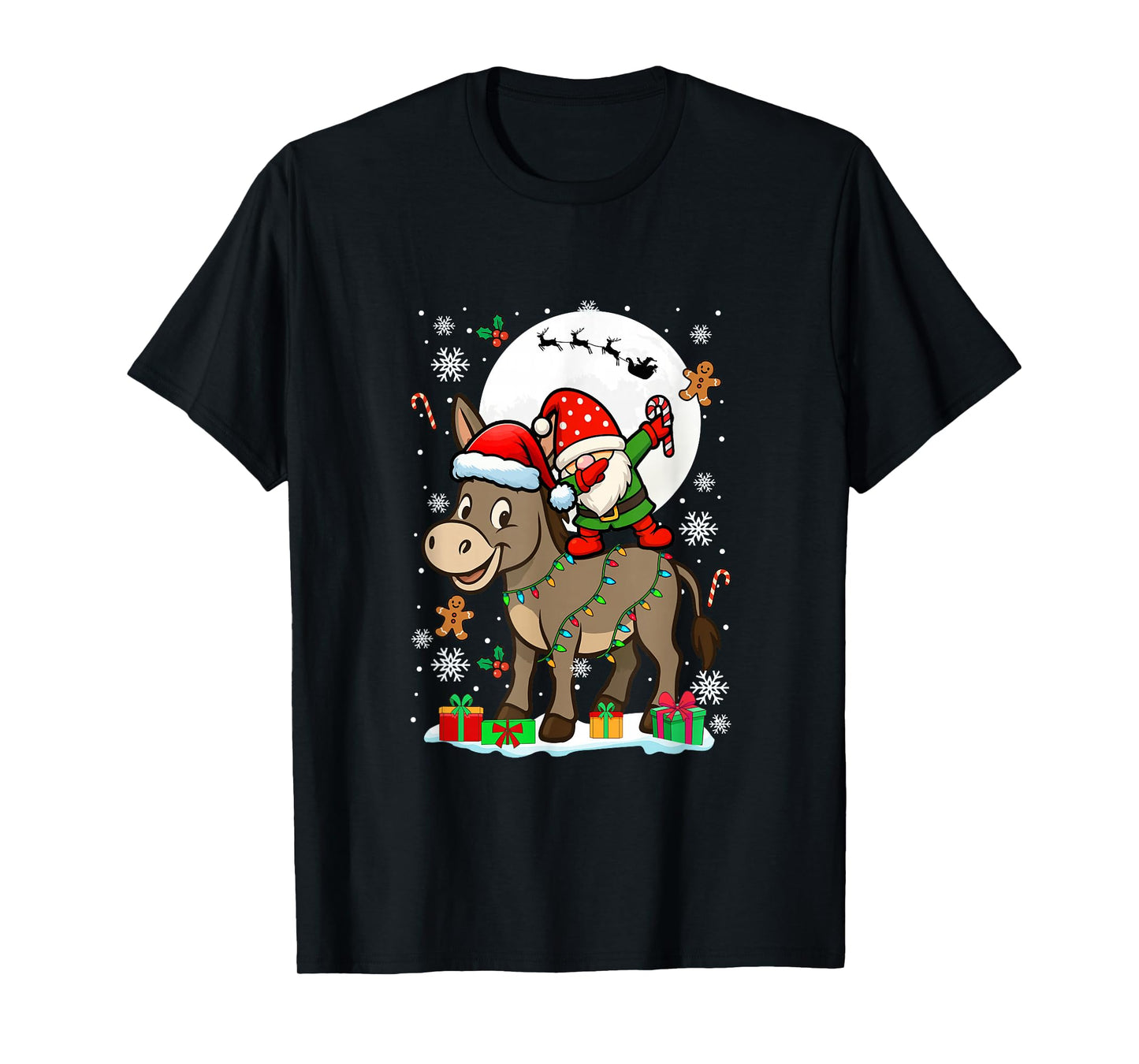 Dabbing Gnome On Donkey Christmas Santa Colorful Lights T-Shirt