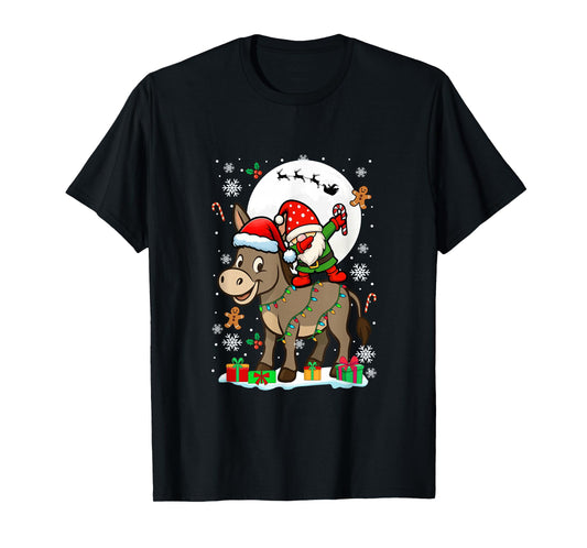 Dabbing Gnome On Donkey Christmas Santa Colorful Lights T-Shirt