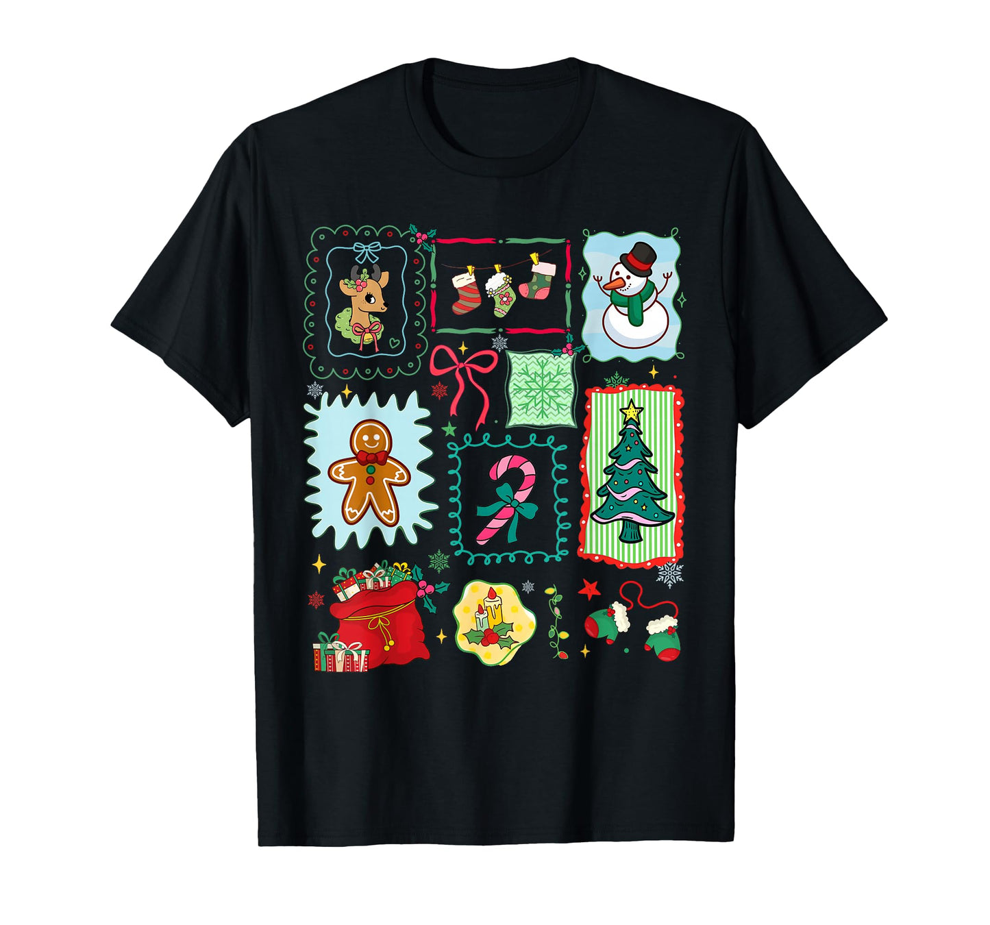 Merry Christmas Tree Santa Gingerbread Coquette Bow Snowman T-Shirt