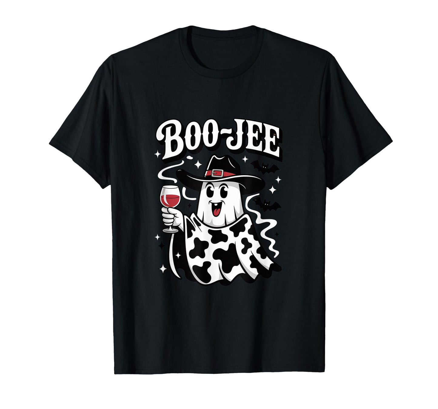 Boo JEE Ghost Drinking Wine Funny Halloween Cow T-Shirt