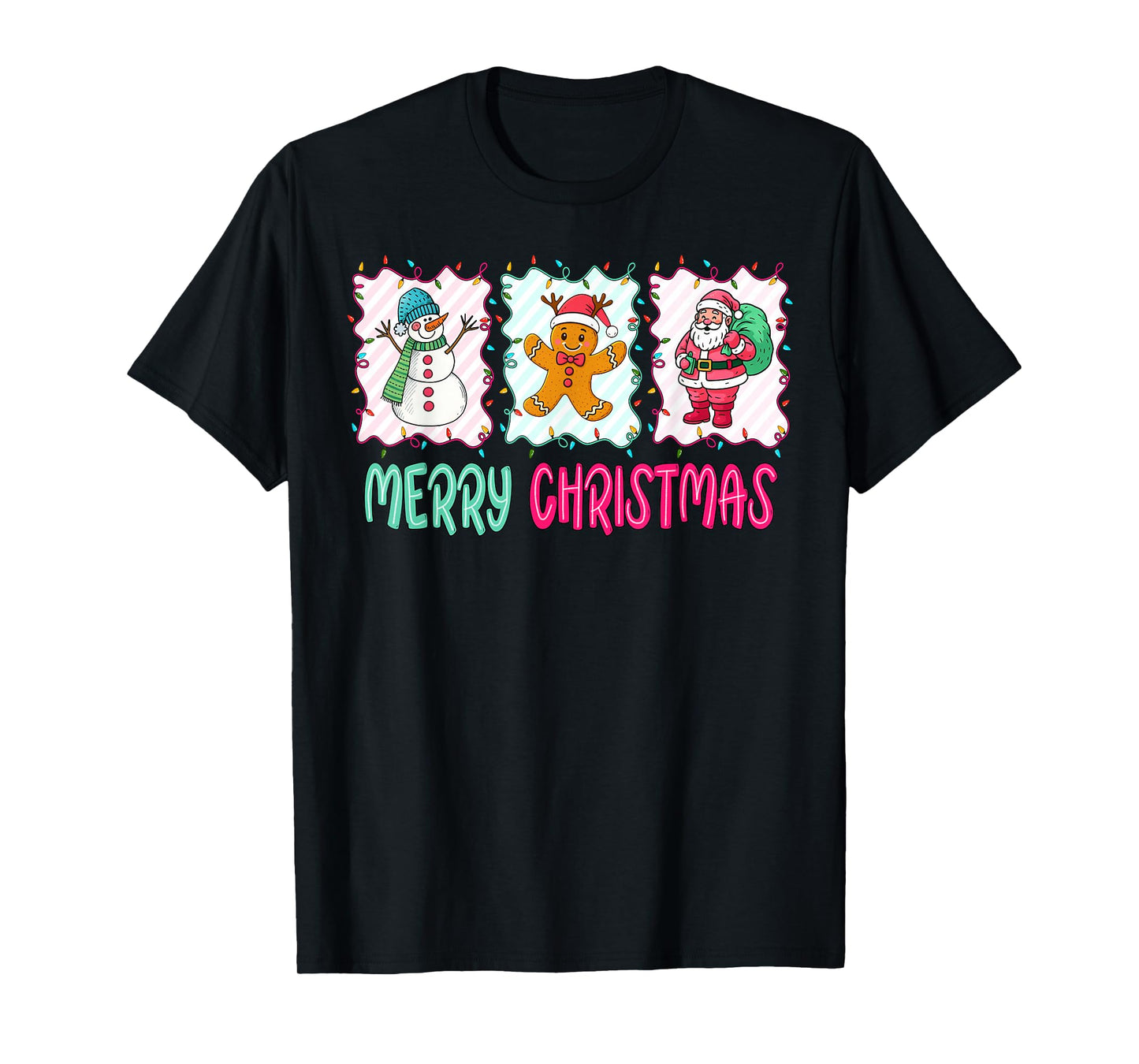Merry Christmas Gingerbread Santa Snowman Xmas Women Kids T-Shirt