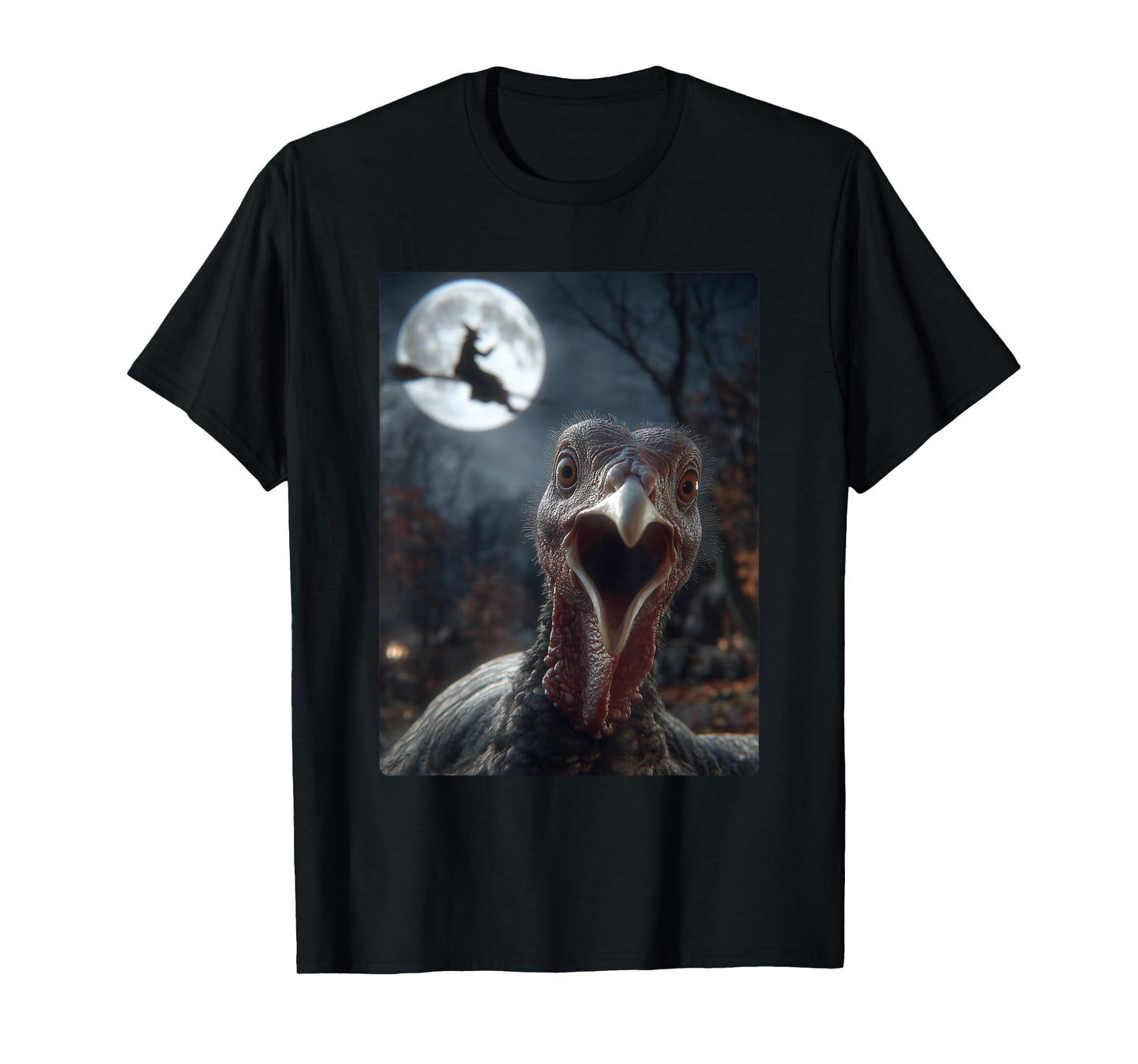 Funny Turkey Selfie Full Moon Flying Witch Forest Halloween T-Shirt
