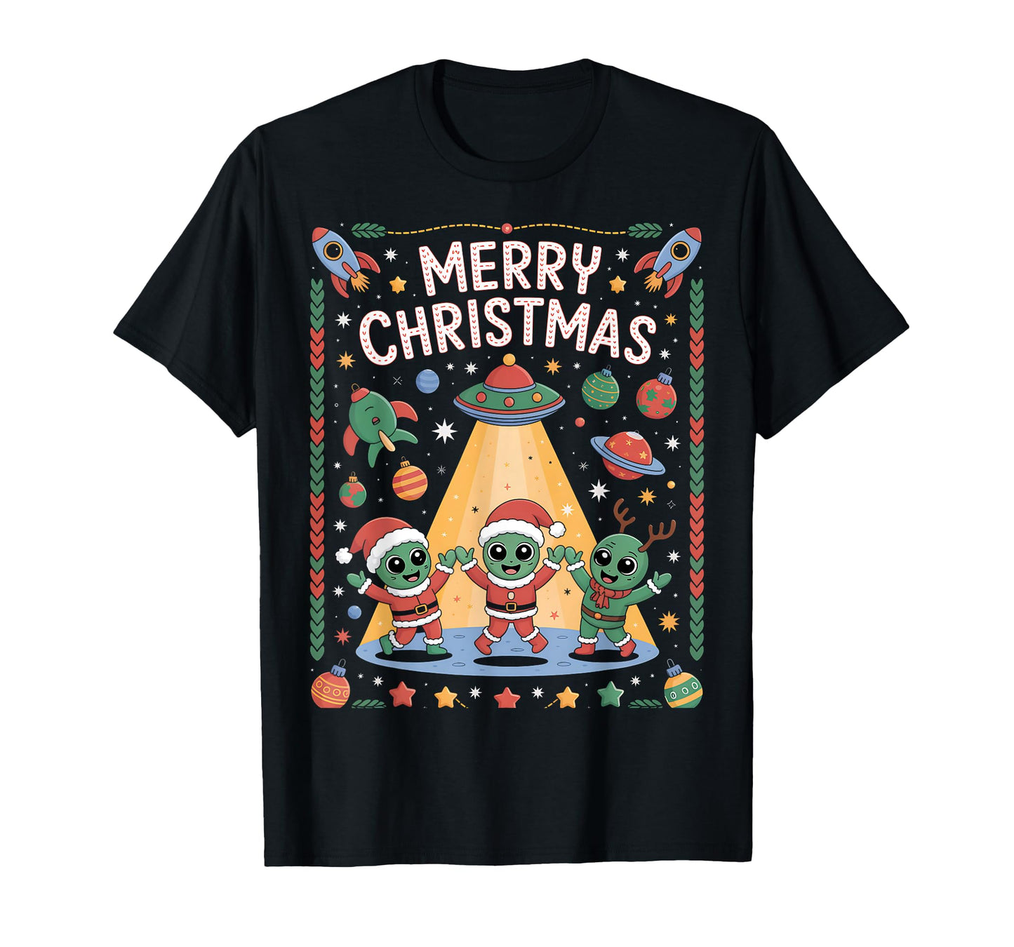 Funny Alien Trio Merry Ugly Christmas Santa Hat Gifts Xmas T-Shirt