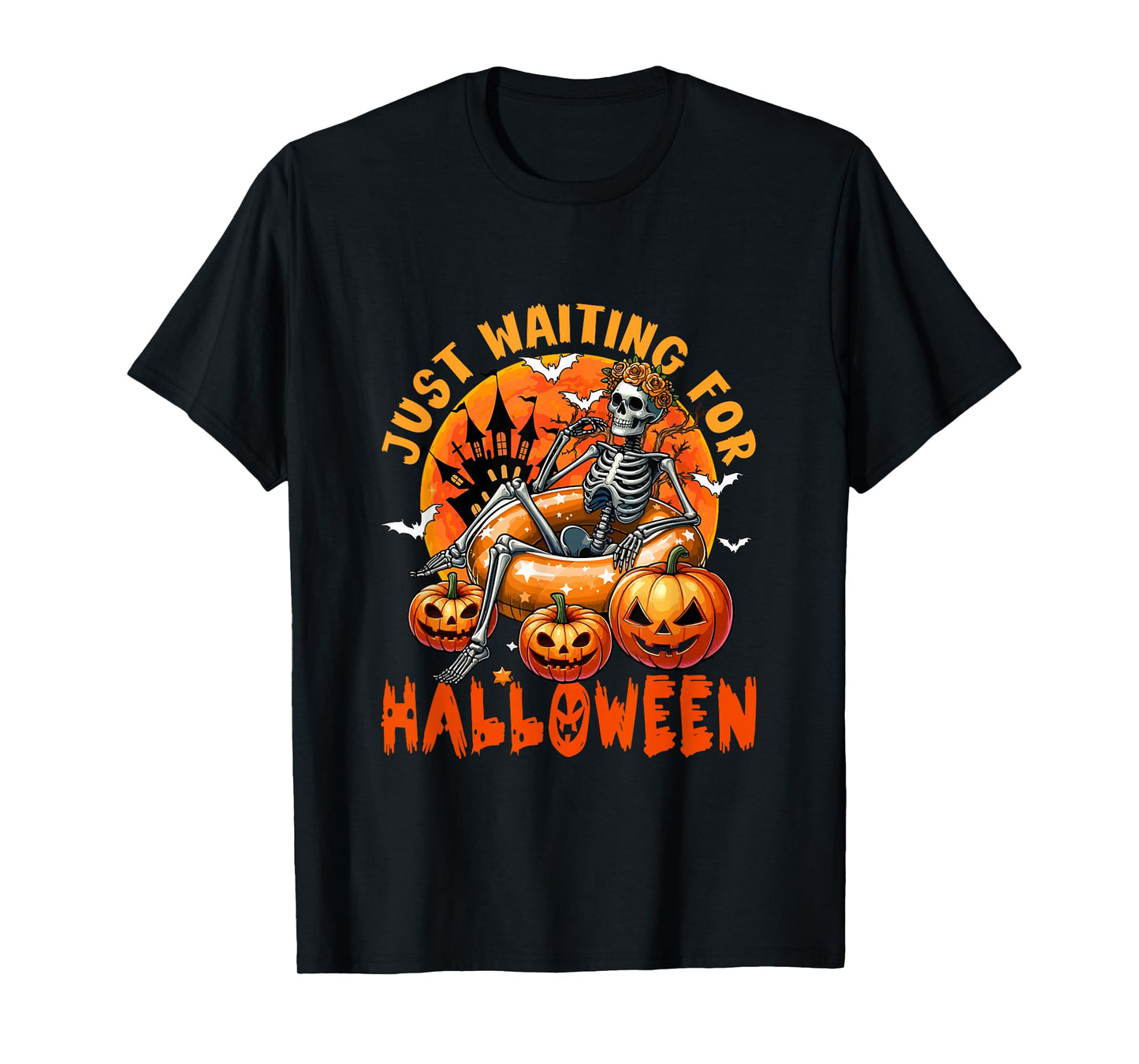 Waiting for Halloween Skeleton Woman Horror Carved Pumpkins T-Shirt