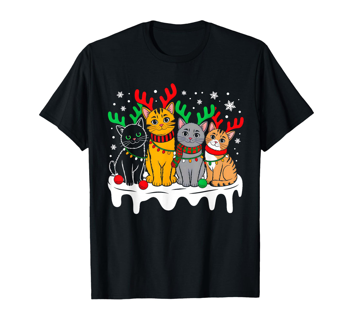 Cat Christmas Light Reindeer Santa Christmas Funny Cat Lover T-Shirt