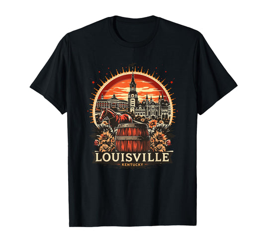 Vintage Louisville Kentucky Sunset Skyline Cityscape Retro T-Shirt