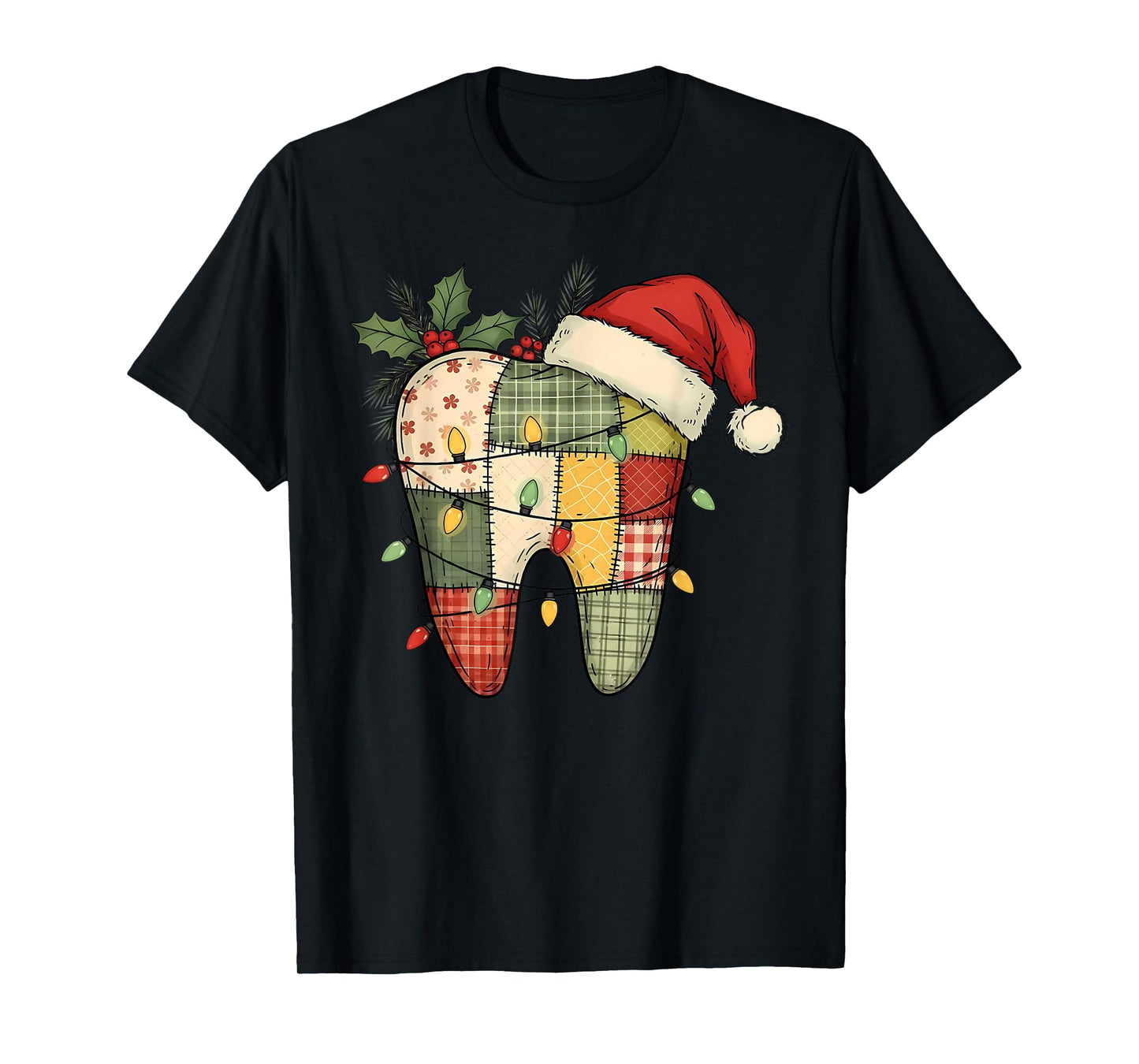 Santa Dental Christmas Tooth Patchwork Dental Hygienist T-Shirt