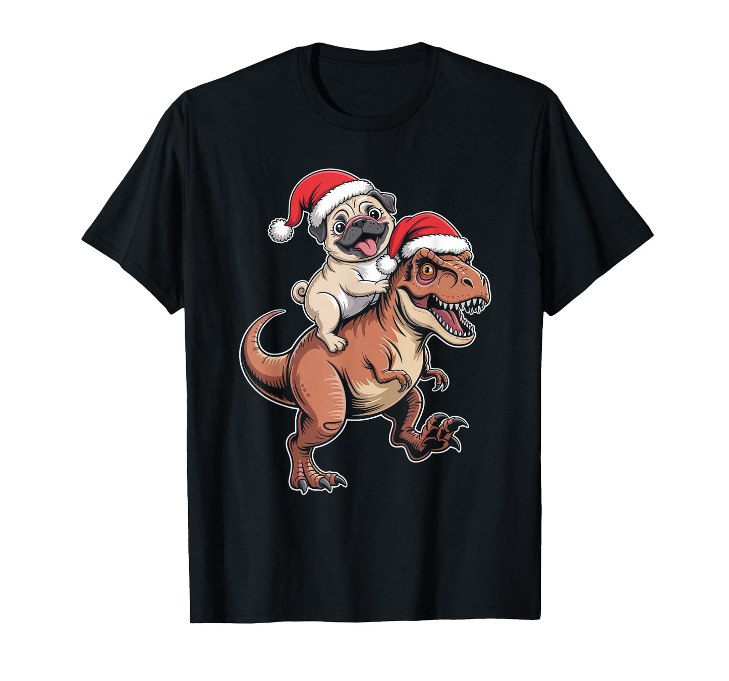 Pug Riding Dinosaur Christmas T-Shirt